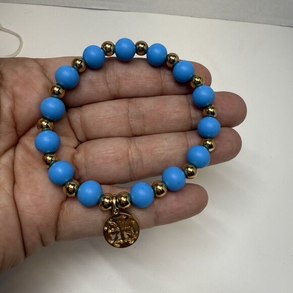 Rustic Cuff Erin Sky Blue Jelly Beads & Gold Metal Beaded Stretch Logo Bracelet - Picture 3 of 5